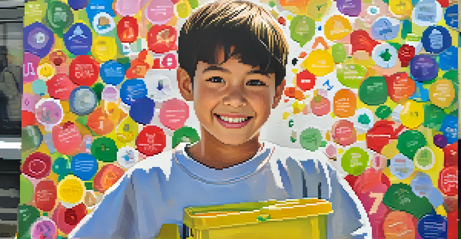 A young student holding a handmade poster at a school recycling competition, with classmates and colorful decorations in the background.