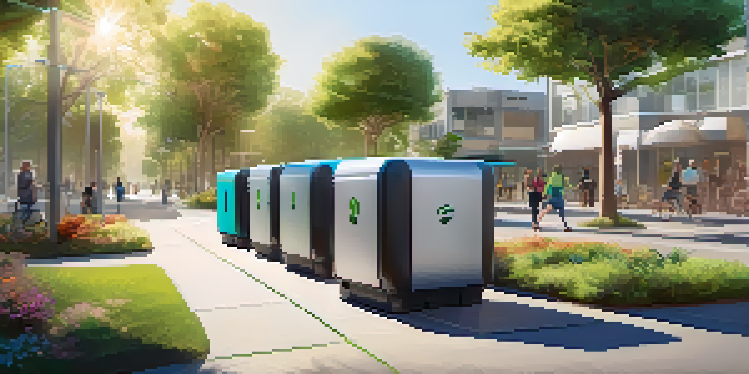 A modern urban street in Cupertino with smart waste bins and residents recycling, surrounded by greenery.
