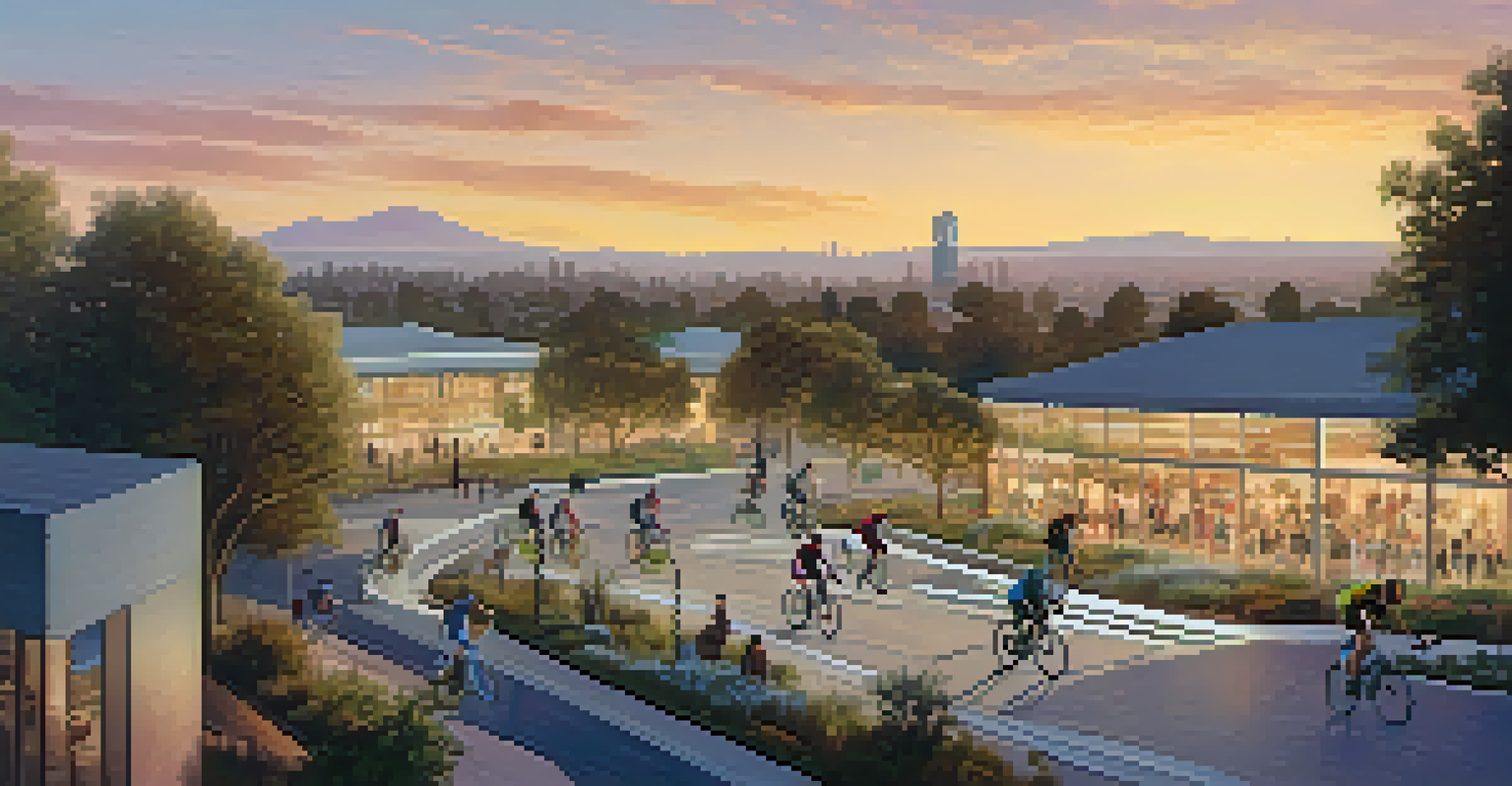 An aerial view of Cupertino highlighting bike lanes and pedestrian pathways with cyclists, trees, and a skyline of tech companies during sunset.