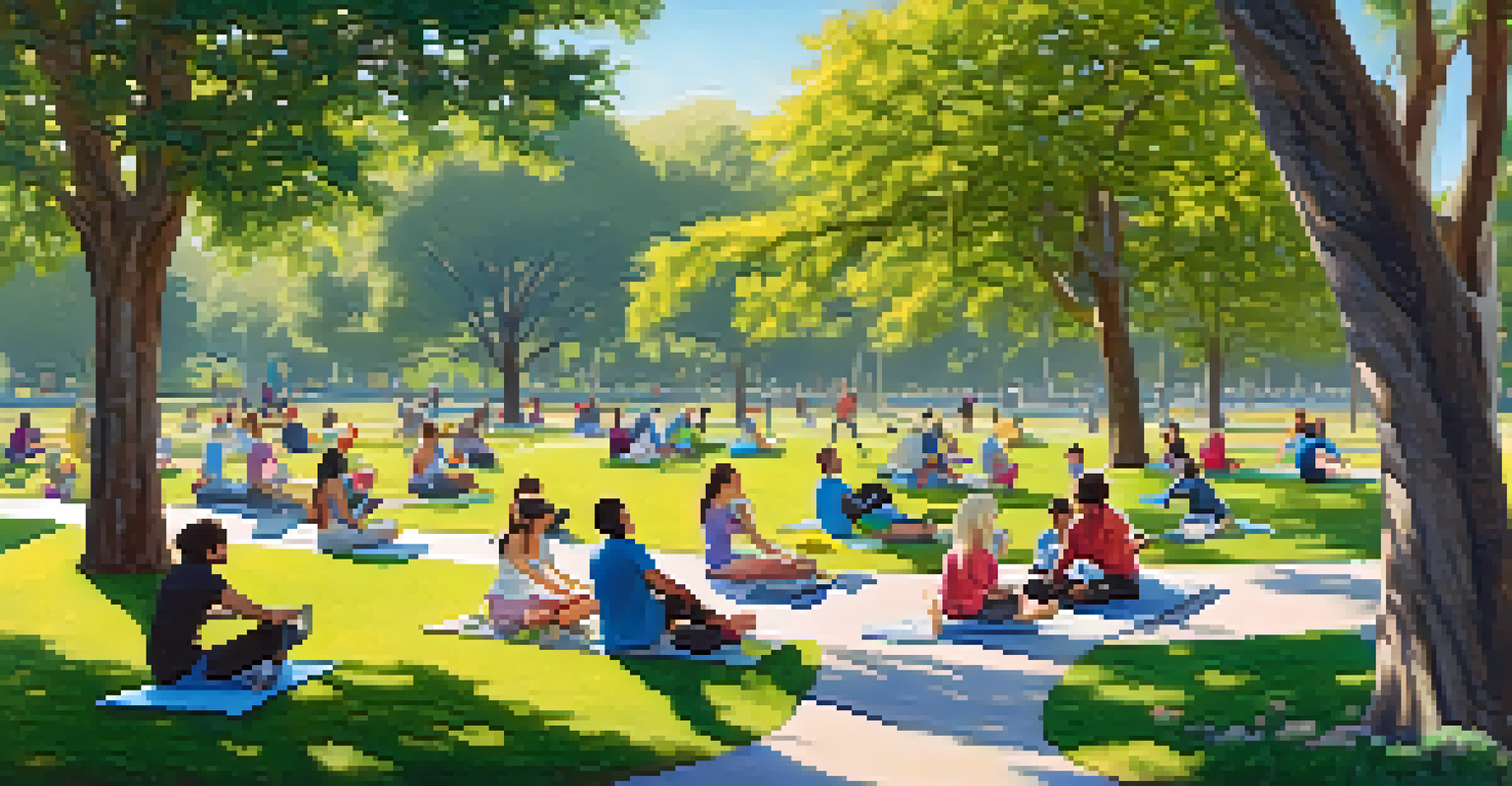 A peaceful park in Cupertino with people picnicking, jogging, and practicing yoga under a blue sky.