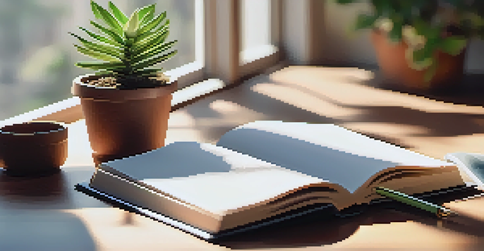 A neatly arranged desk with an open book, notepad, and a plant, illuminated by soft light from a window.