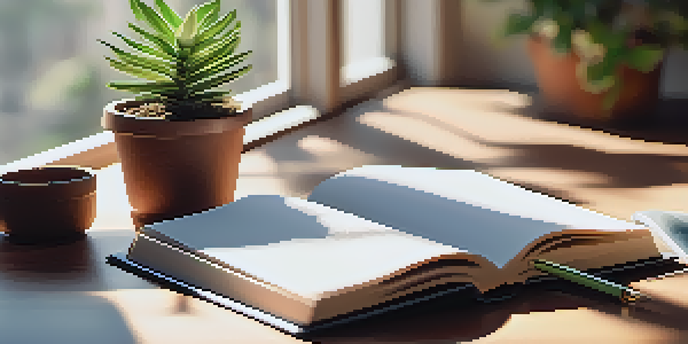 A neatly arranged desk with an open book, notepad, and a plant, illuminated by soft light from a window.
