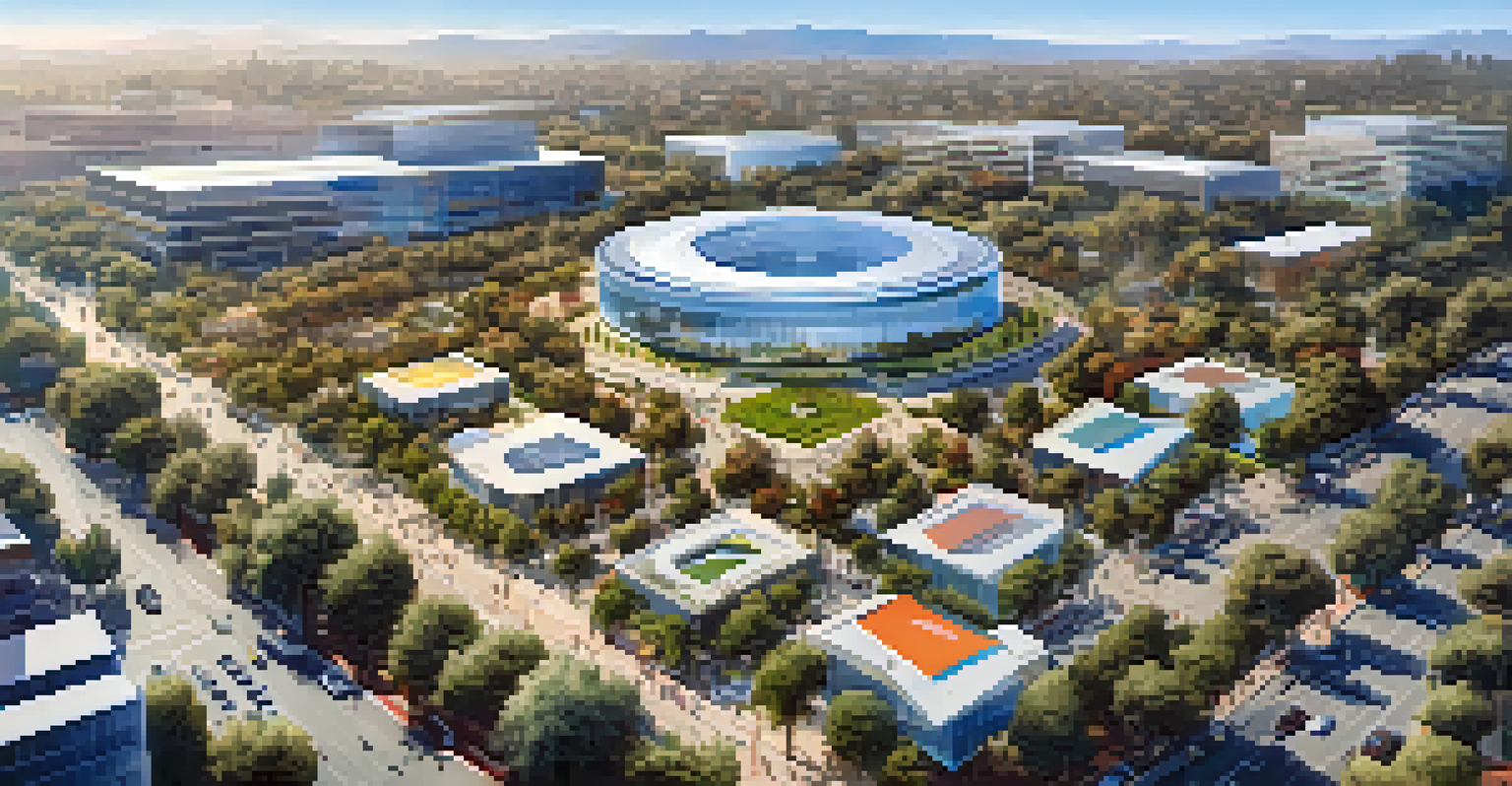 An aerial view of Cupertino's tech district with modern buildings and busy streets.