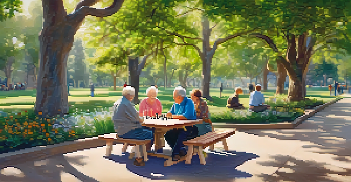 An outdoor park scene with seniors playing chess and participating in yoga, surrounded by trees and flowers.