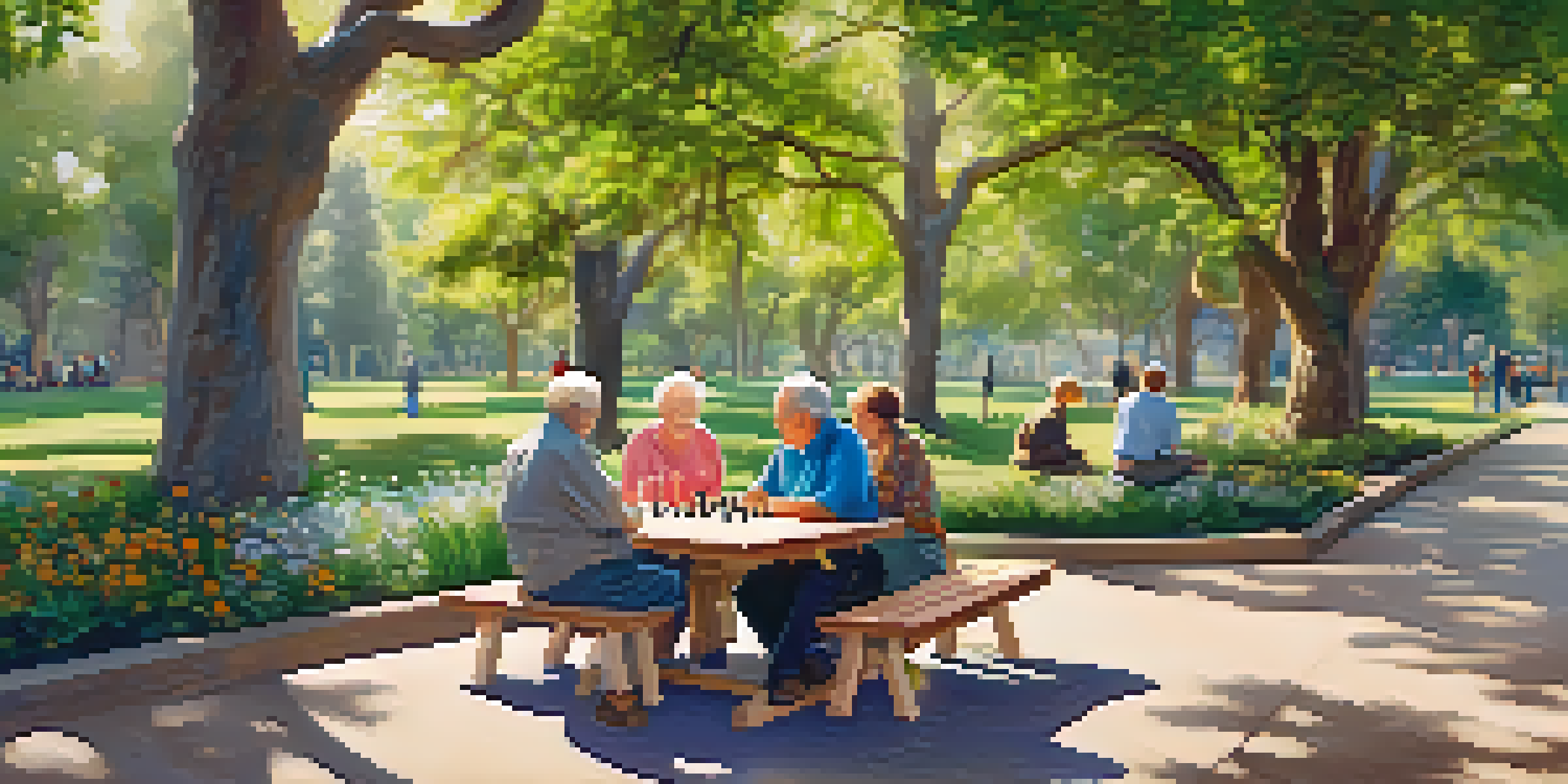 An outdoor park scene with seniors playing chess and participating in yoga, surrounded by trees and flowers.