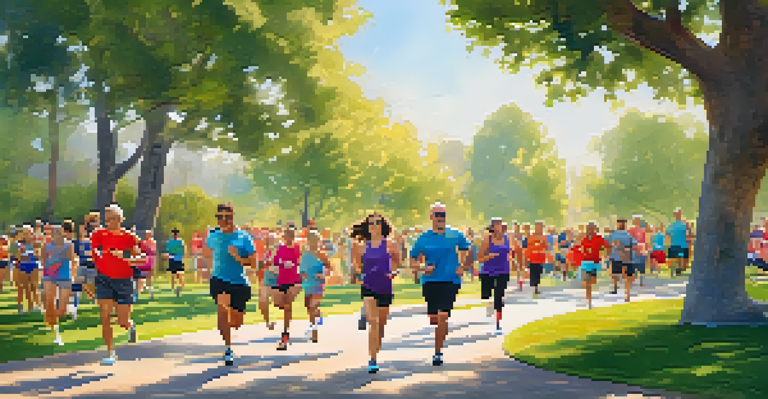 A lively outdoor fitness class with diverse participants running along a tree-lined path, surrounded by cheering spectators and bright banners.