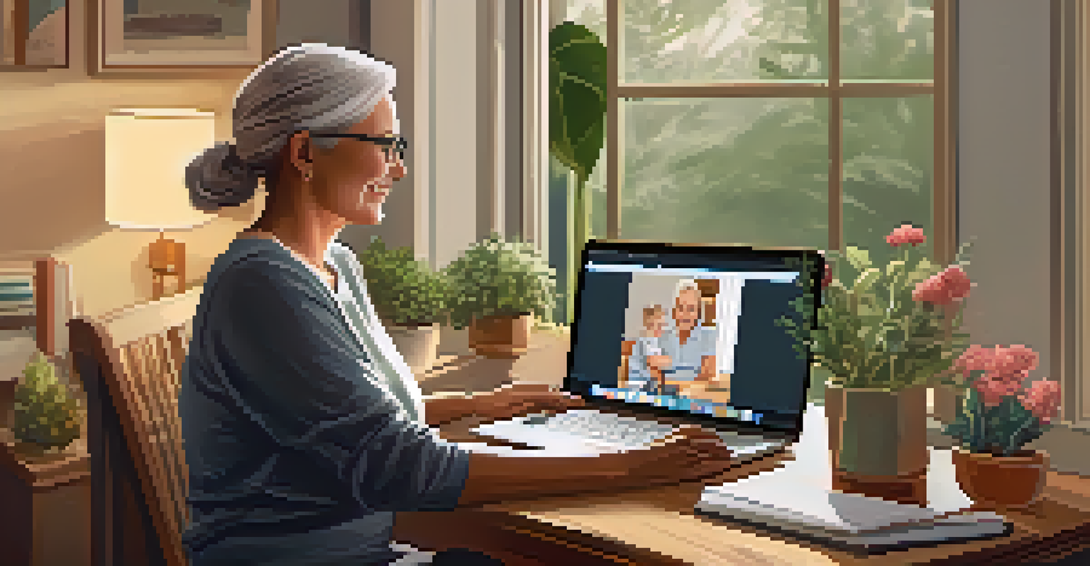 A senior woman video chatting with her grandchildren in her cozy home office.