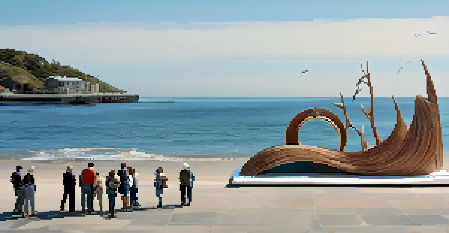 A large eco-friendly sculpture resembling a wave made from reclaimed wood and ocean plastics, with people admiring it near a waterfront.