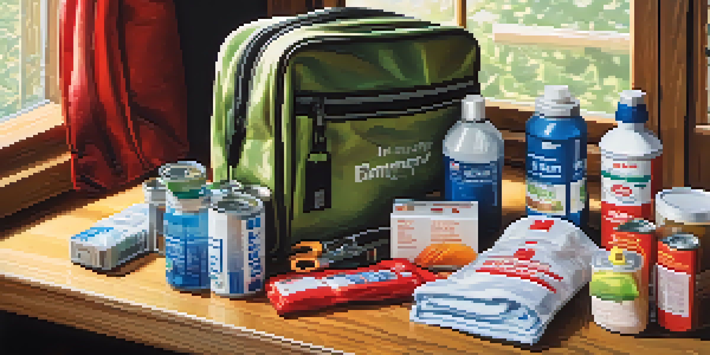 An open emergency kit showing water bottles, food cans, a flashlight, and a first aid kit on a wooden table.
