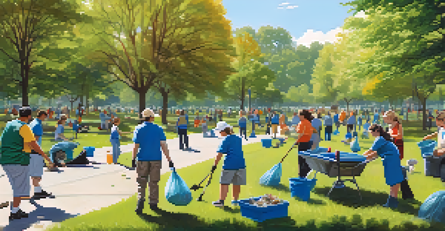 Volunteers of all ages engaged in a clean-up day at a park, collecting litter with trees and picnic tables in the background, under a bright blue sky.
