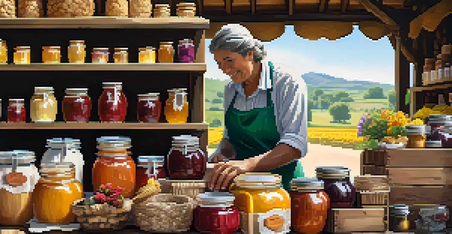 A vendor's stall displaying handmade jams, honey, and bread in a rustic setting with flowers.