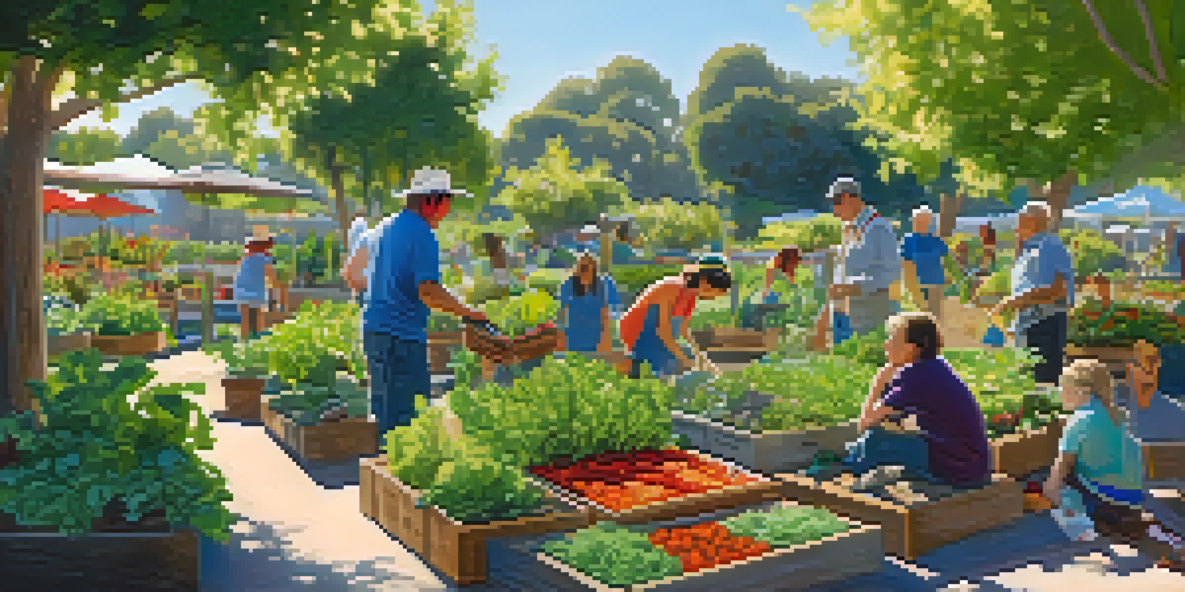 A colorful community garden with residents of different ages tending to plants under a clear blue sky.