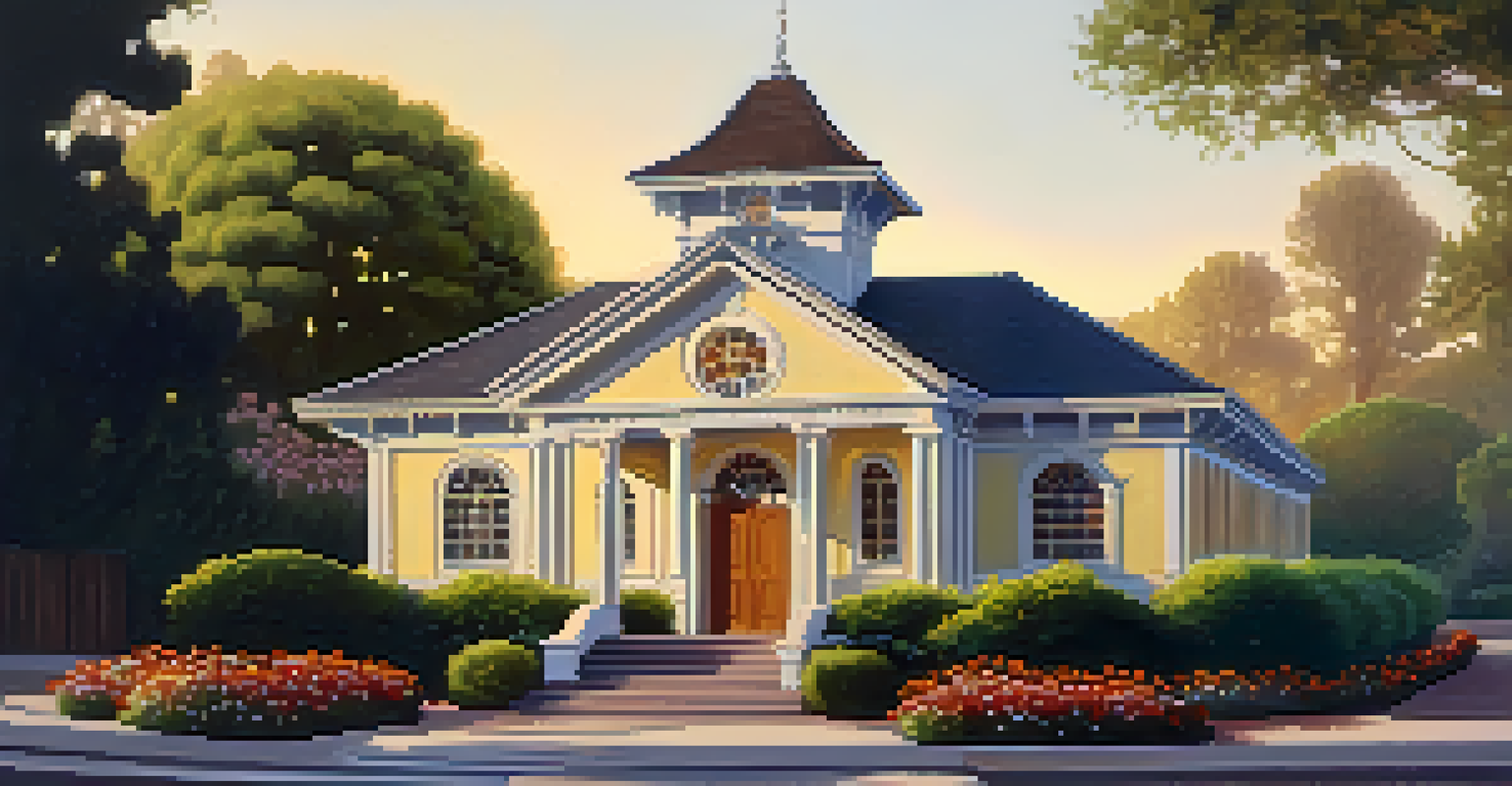 The historic Cupertino Schoolhouse bathed in golden sunset light, surrounded by greenery and colorful flowers.
