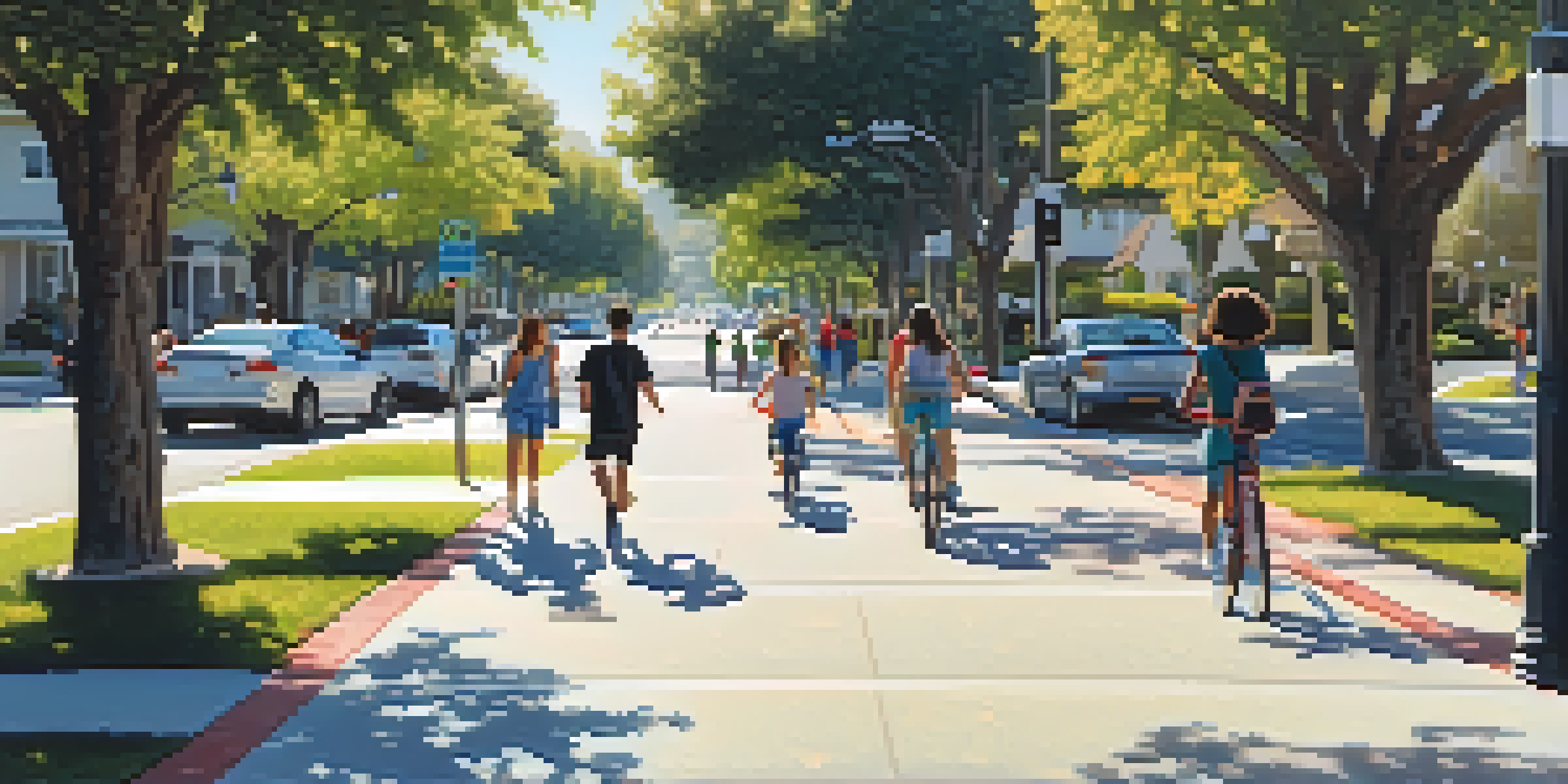 A suburban street in Cupertino filled with pedestrians, bicycles, and trees, showcasing a safe and inviting pedestrian environment.