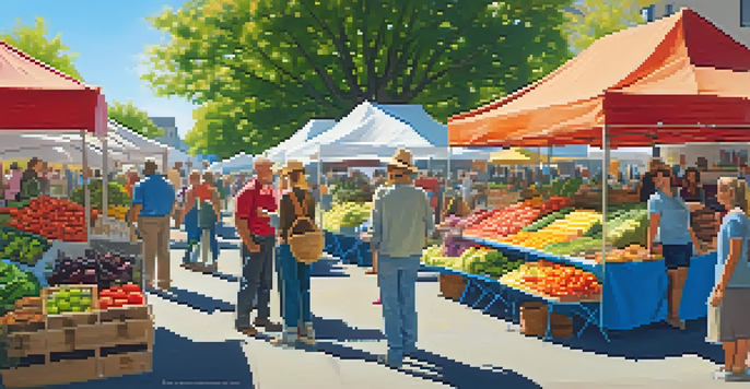 A bustling farmers market filled with colorful fruits and vegetables, with shoppers and vendors engaging in conversation under a clear blue sky.