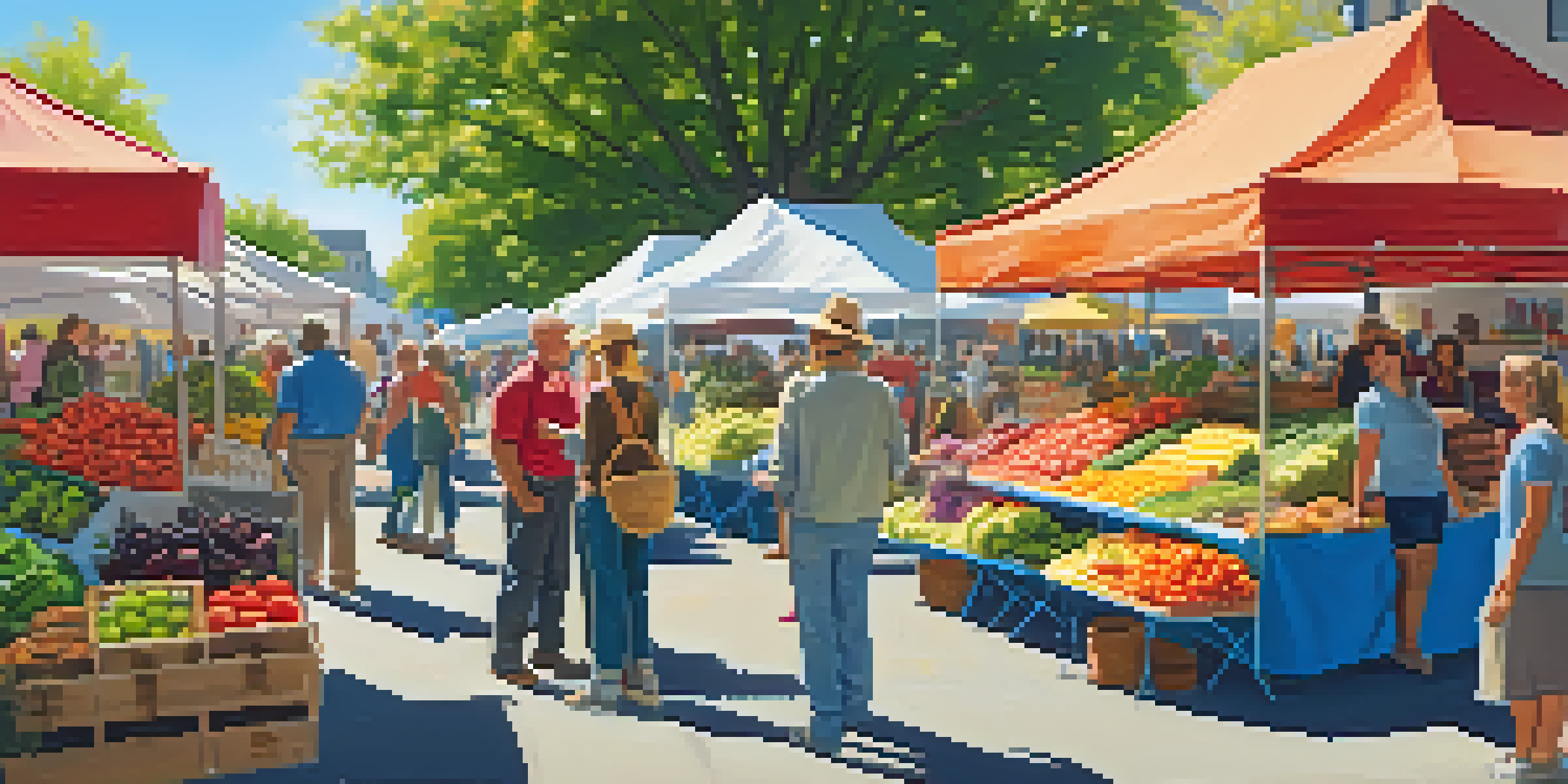 A bustling farmers market filled with colorful fruits and vegetables, with shoppers and vendors engaging in conversation under a clear blue sky.