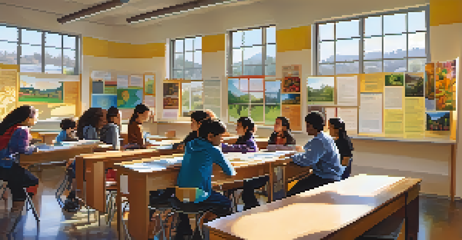 A diverse classroom in Cupertino with students working together on a project, surrounded by multicultural educational posters.