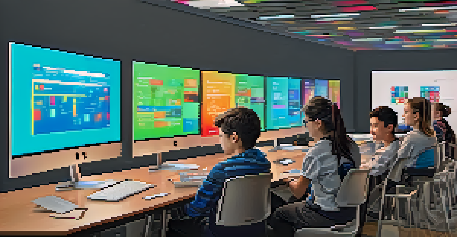 Students engaged in a coding workshop, with colorful screens showing code and digital designs, all in a modern learning environment.