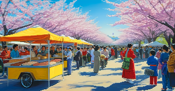 A colorful festival scene with cherry blossom trees, families enjoying food, children playing games, and musicians performing.