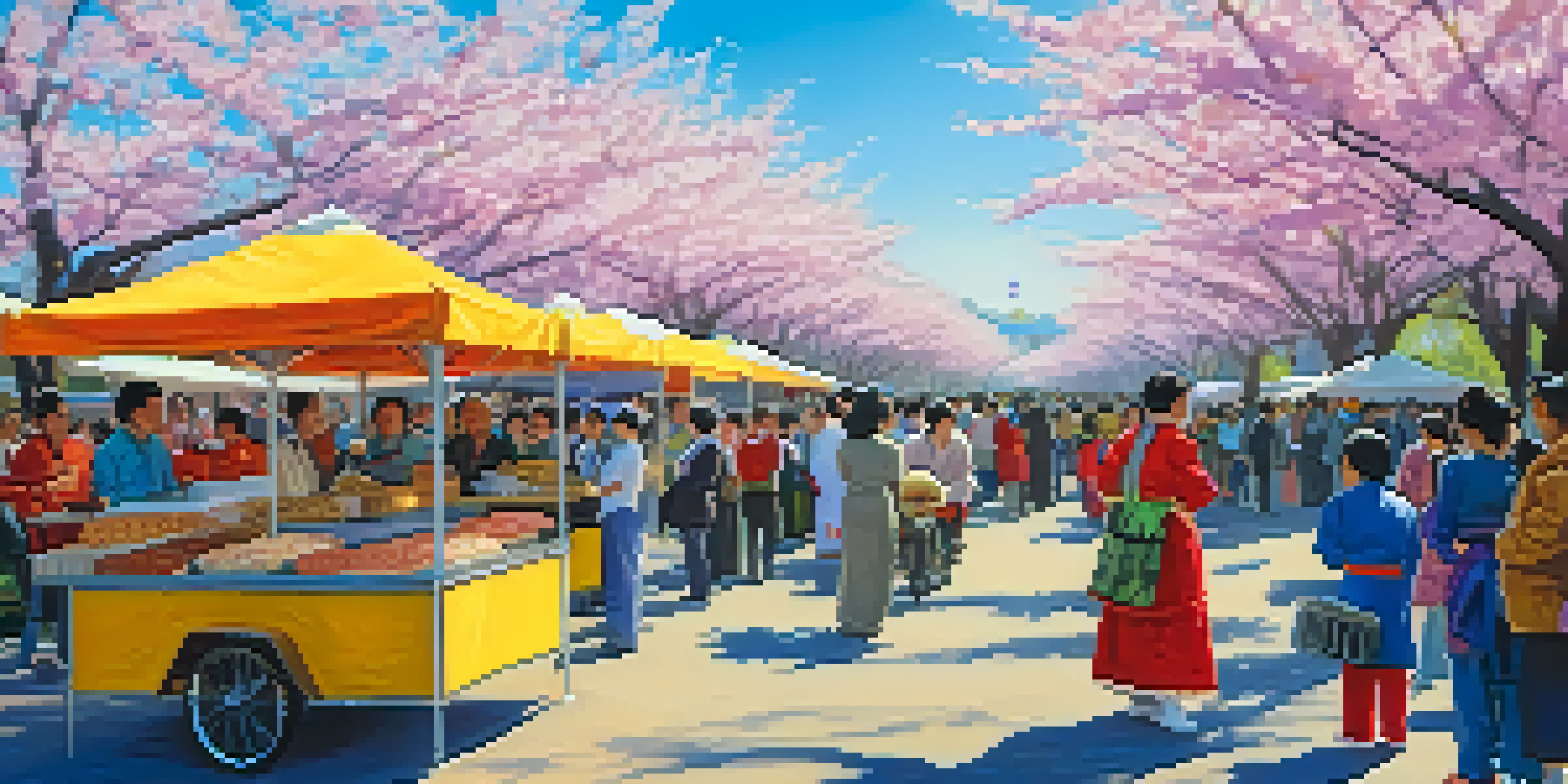 A colorful festival scene with cherry blossom trees, families enjoying food, children playing games, and musicians performing.