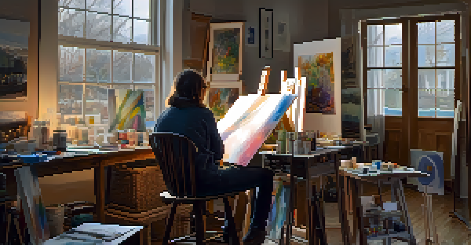 An artist working in a cozy studio, surrounded by canvases and art supplies, with sunlight streaming through a large window illuminating their focused expression.