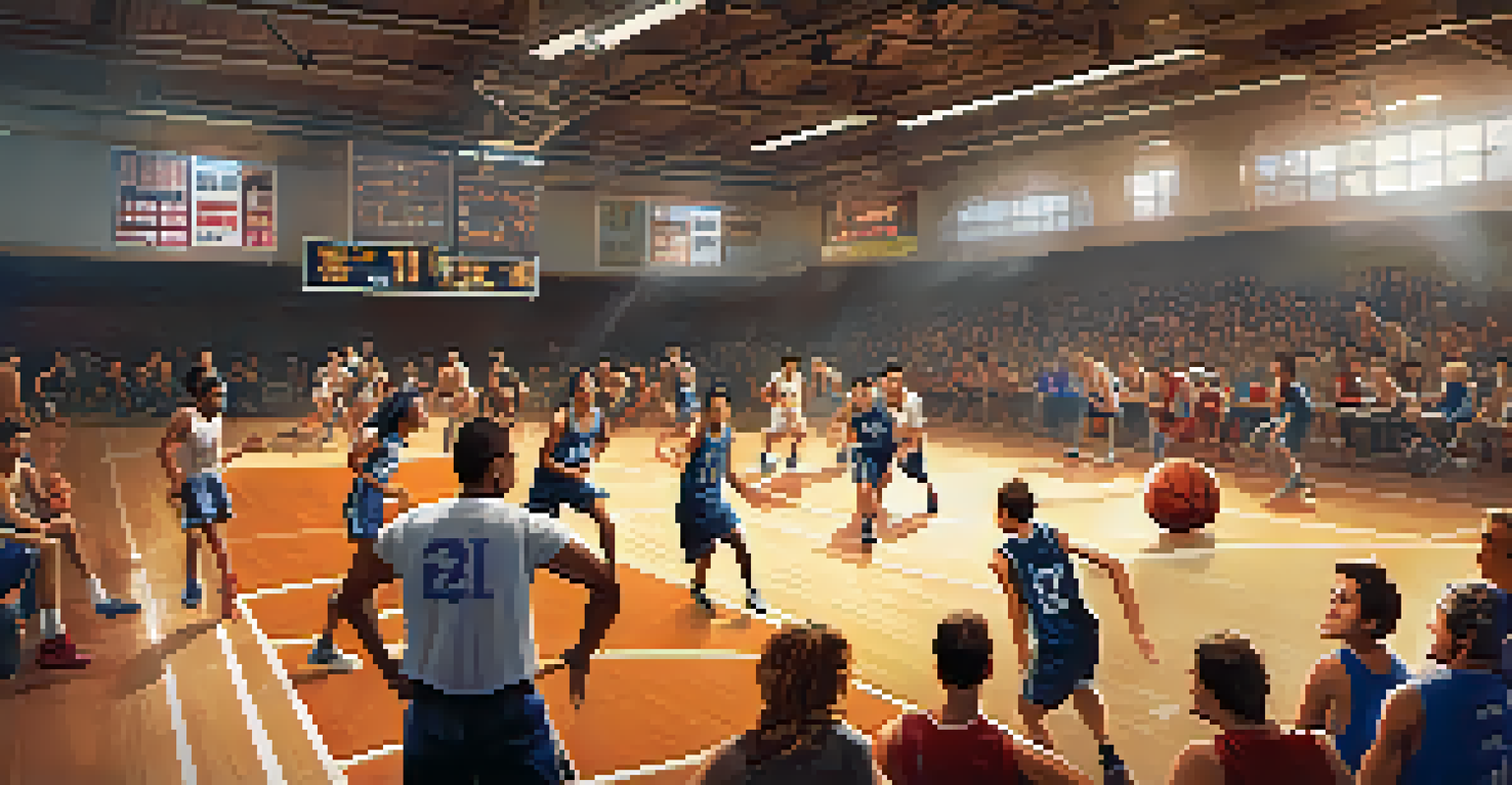 A group of friends playing basketball indoors, enjoying a friendly game with laughter and teamwork.