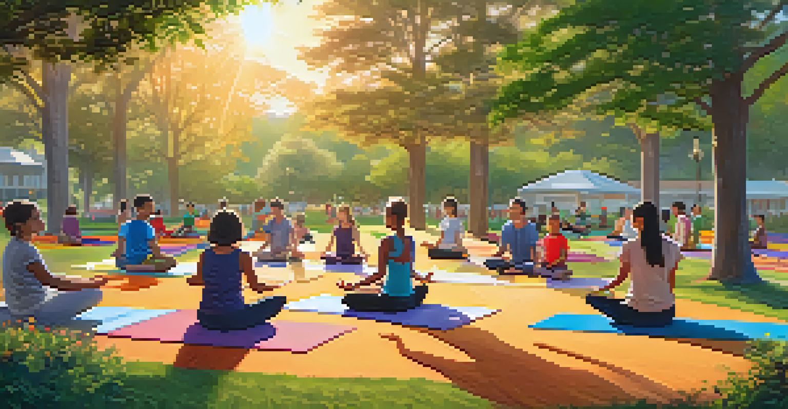 Families participating in a group yoga session in a peaceful park during sunset.