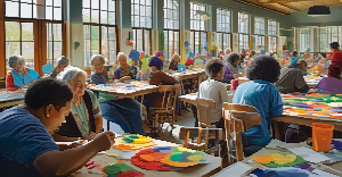 A diverse group of people of different ages working together on a craft project in a sunny community workshop.