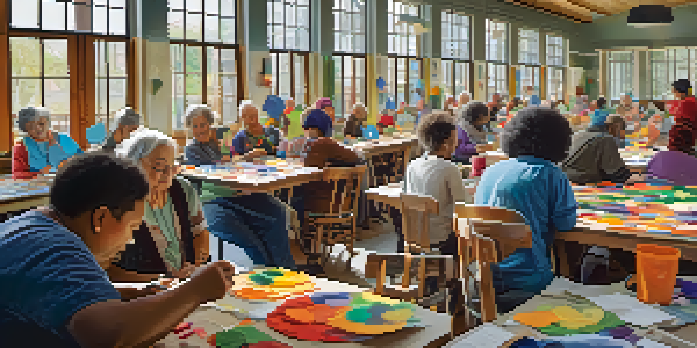 A diverse group of people of different ages working together on a craft project in a sunny community workshop.