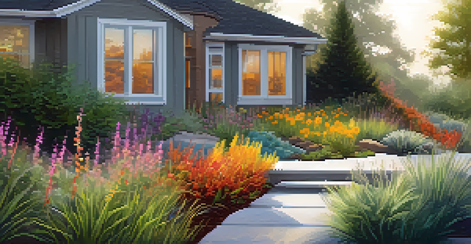 A rain garden with native plants, designed to manage stormwater, featuring a small puddle and soft sunlight.
