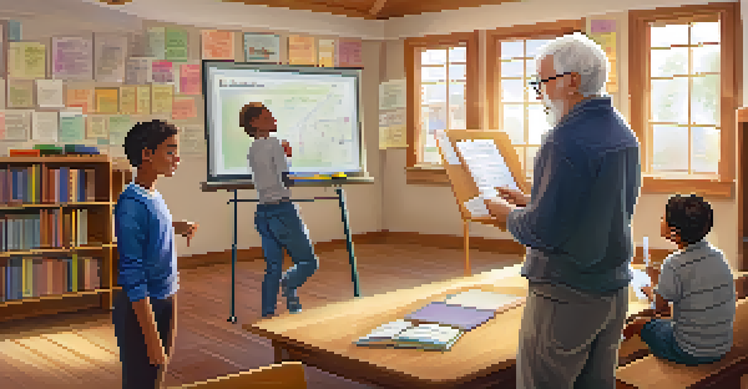 A senior woman and a young man engaged in a learning session with a tablet in a cozy community center.