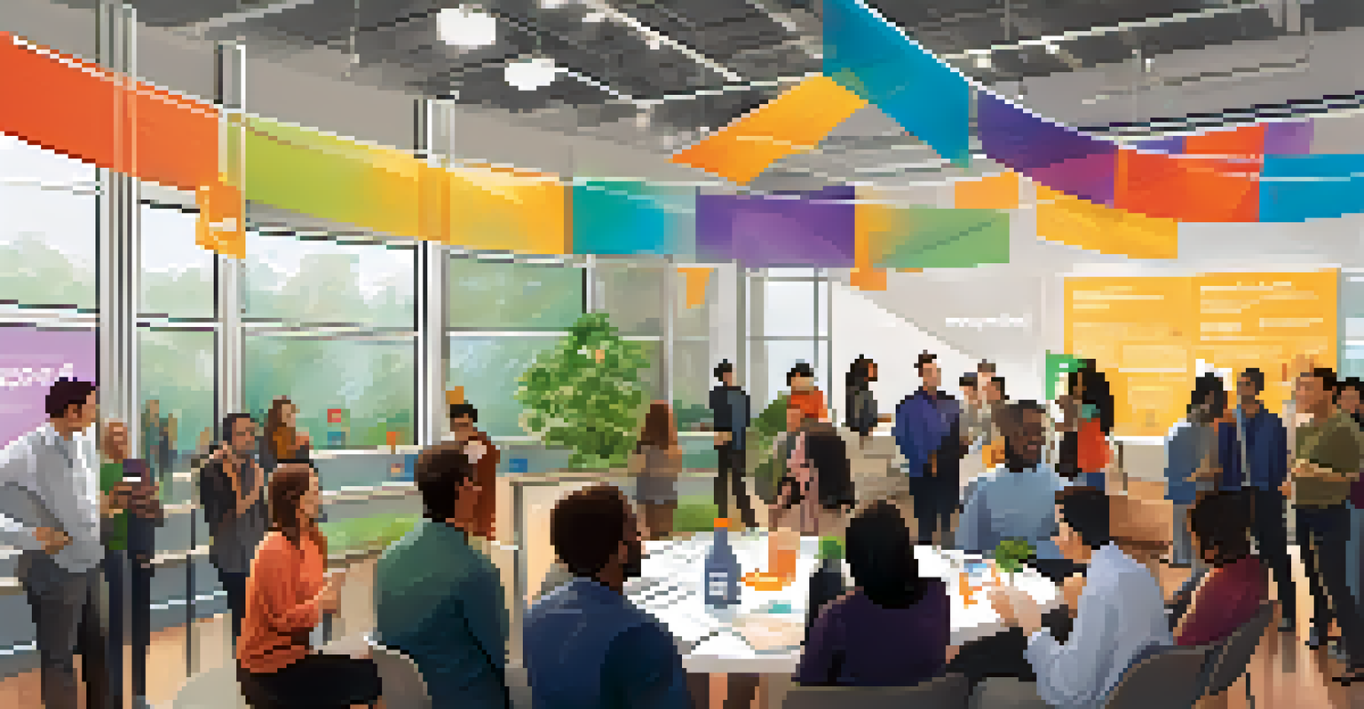 A vibrant networking event with entrepreneurs interacting and showcasing their startups in a lively atmosphere.