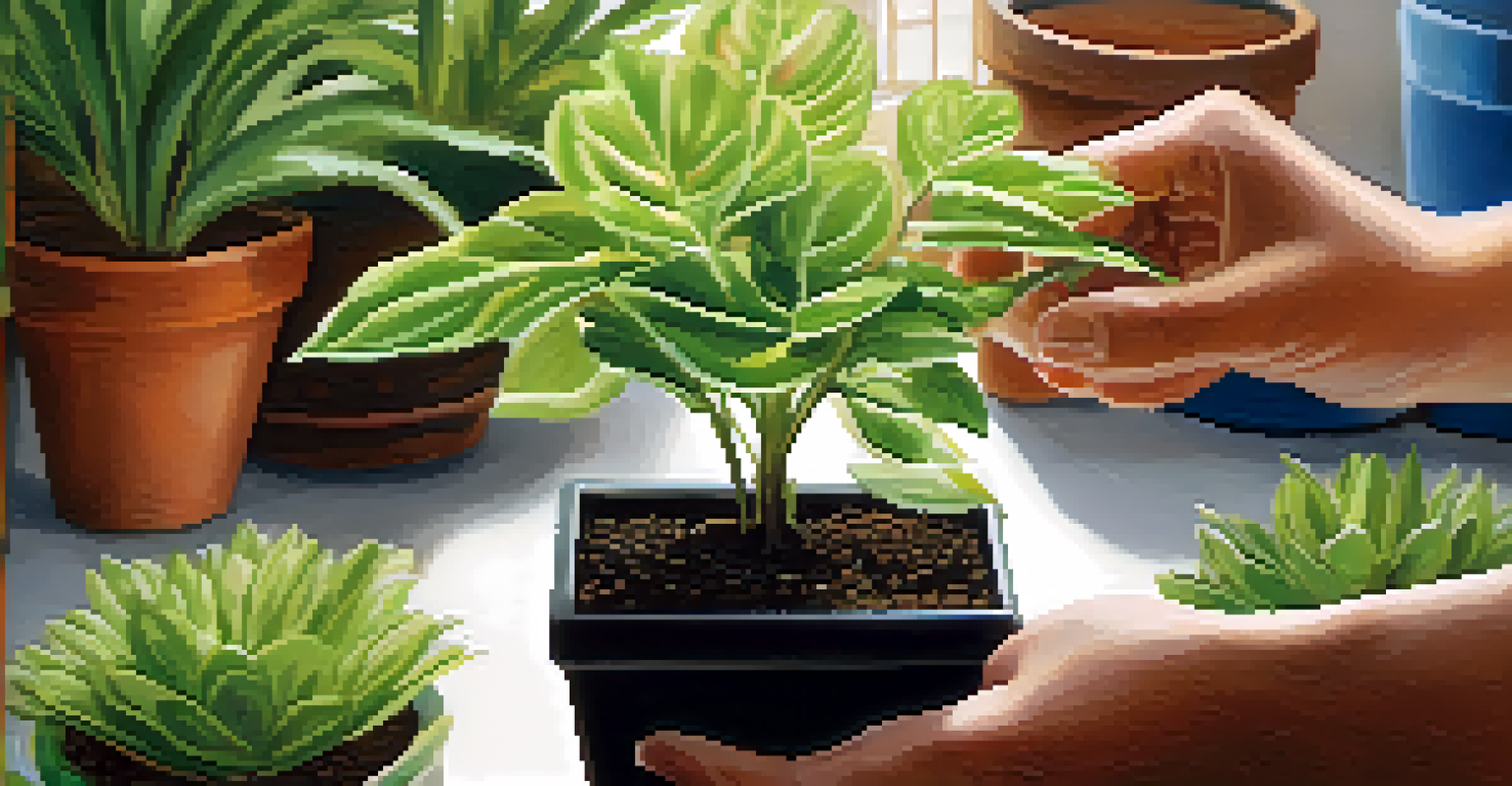 Close-up of hands holding a potted plant, with a blurred background of a community workshop focused on gardening.