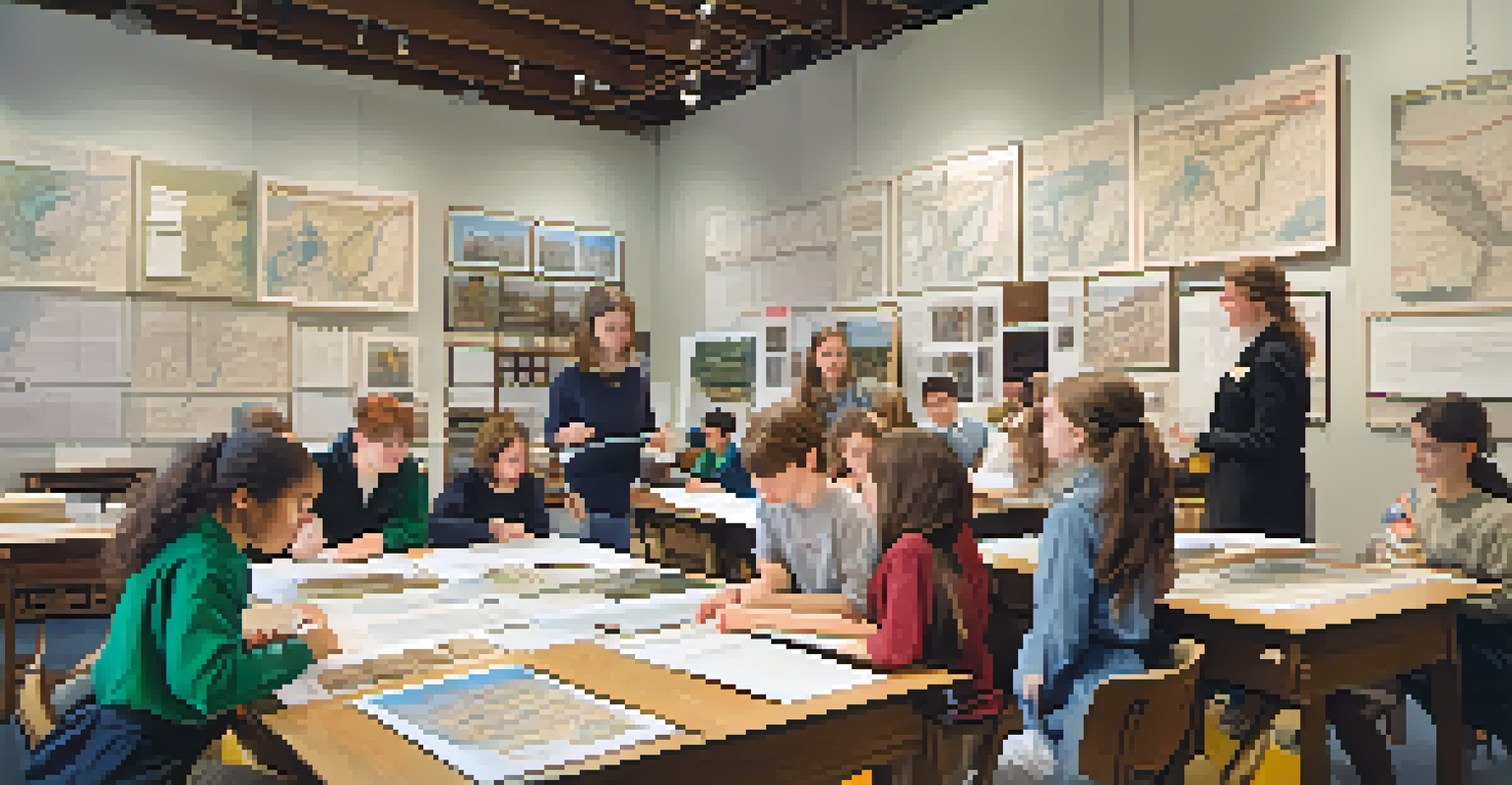 Students participating in an educational workshop in a local history archive, surrounded by maps and documents.