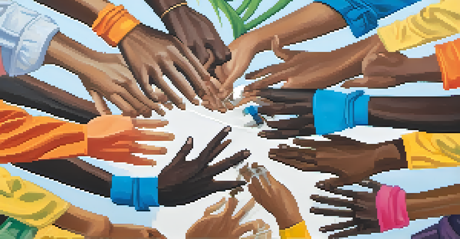 Close-up of hands painting a colorful mural on a community wall, symbolizing unity and diversity.