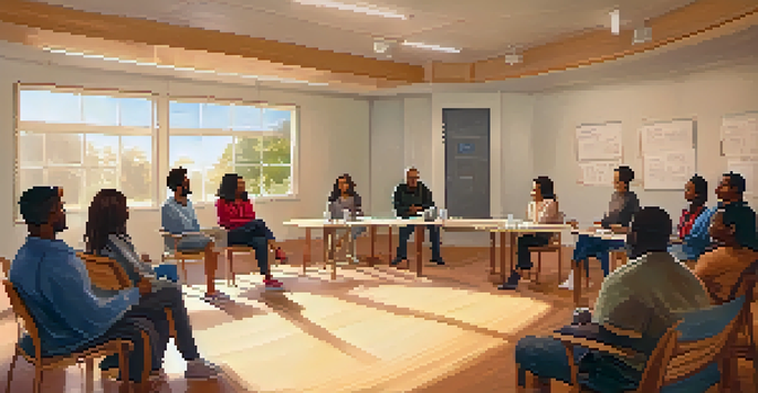 A diverse group of individuals sitting in a circle at a community center, participating in a support group meeting, with warm lighting and a facilitator.