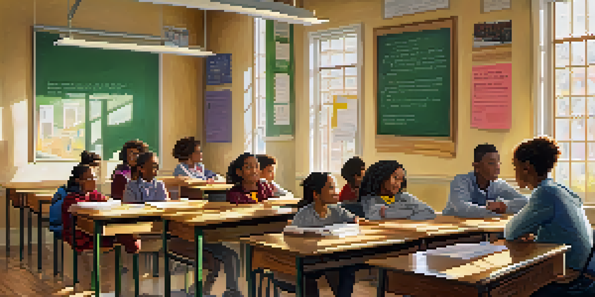A diverse group of students in a classroom discussing civic responsibilities, with sunlight illuminating the room and educational posters on the walls.