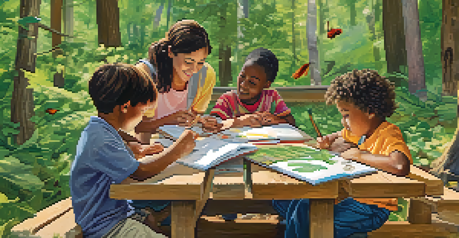 Children learning about wildlife in an outdoor classroom setting, with a teacher and natural items around them.