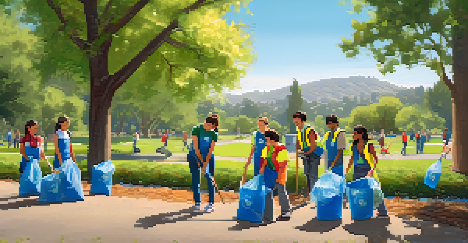 Students participating in a park clean-up event, collecting litter and sorting recyclables in a lush green park.