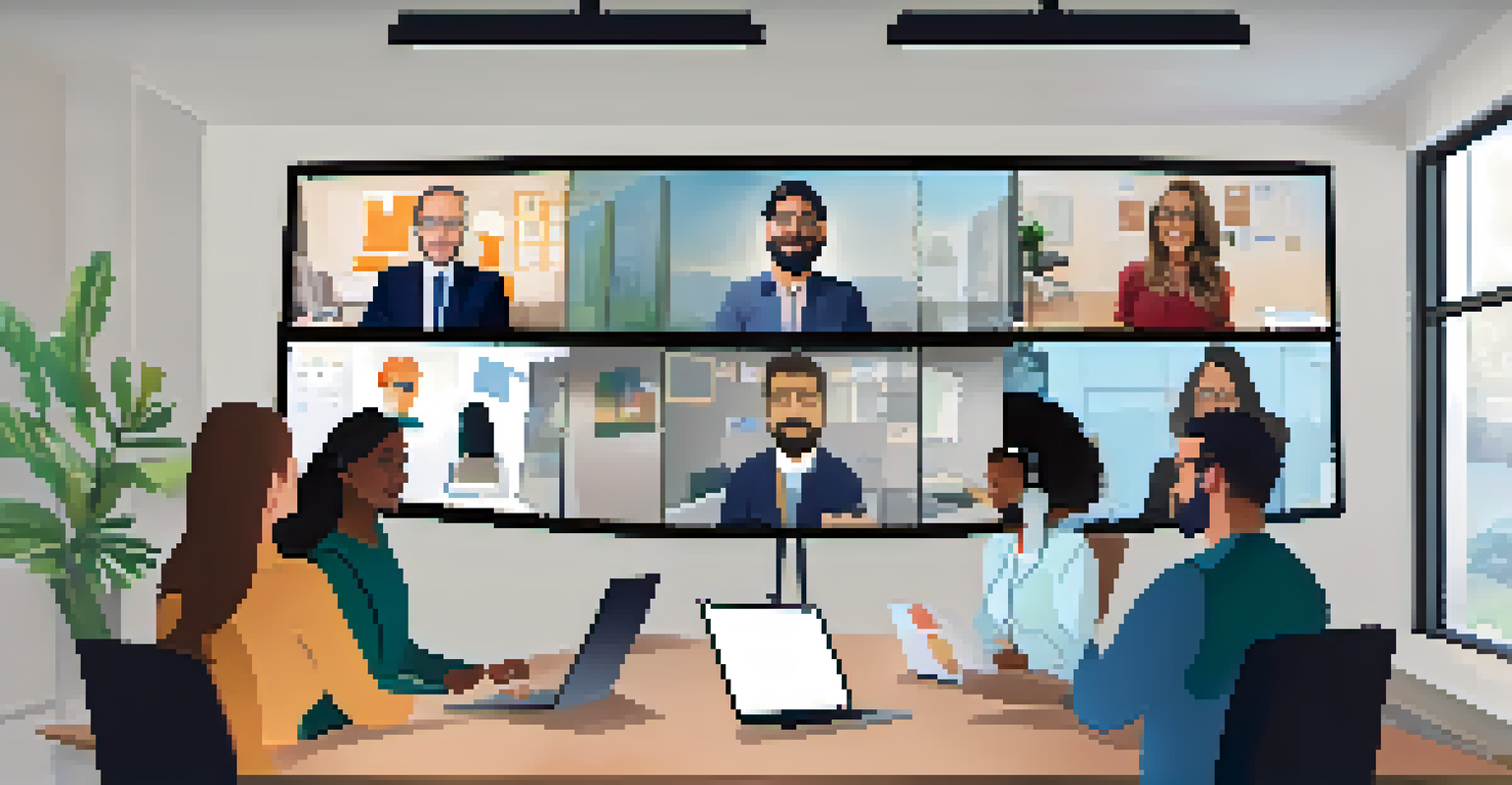A group of professionals in a virtual meeting, shown on a video call with various home office backgrounds.