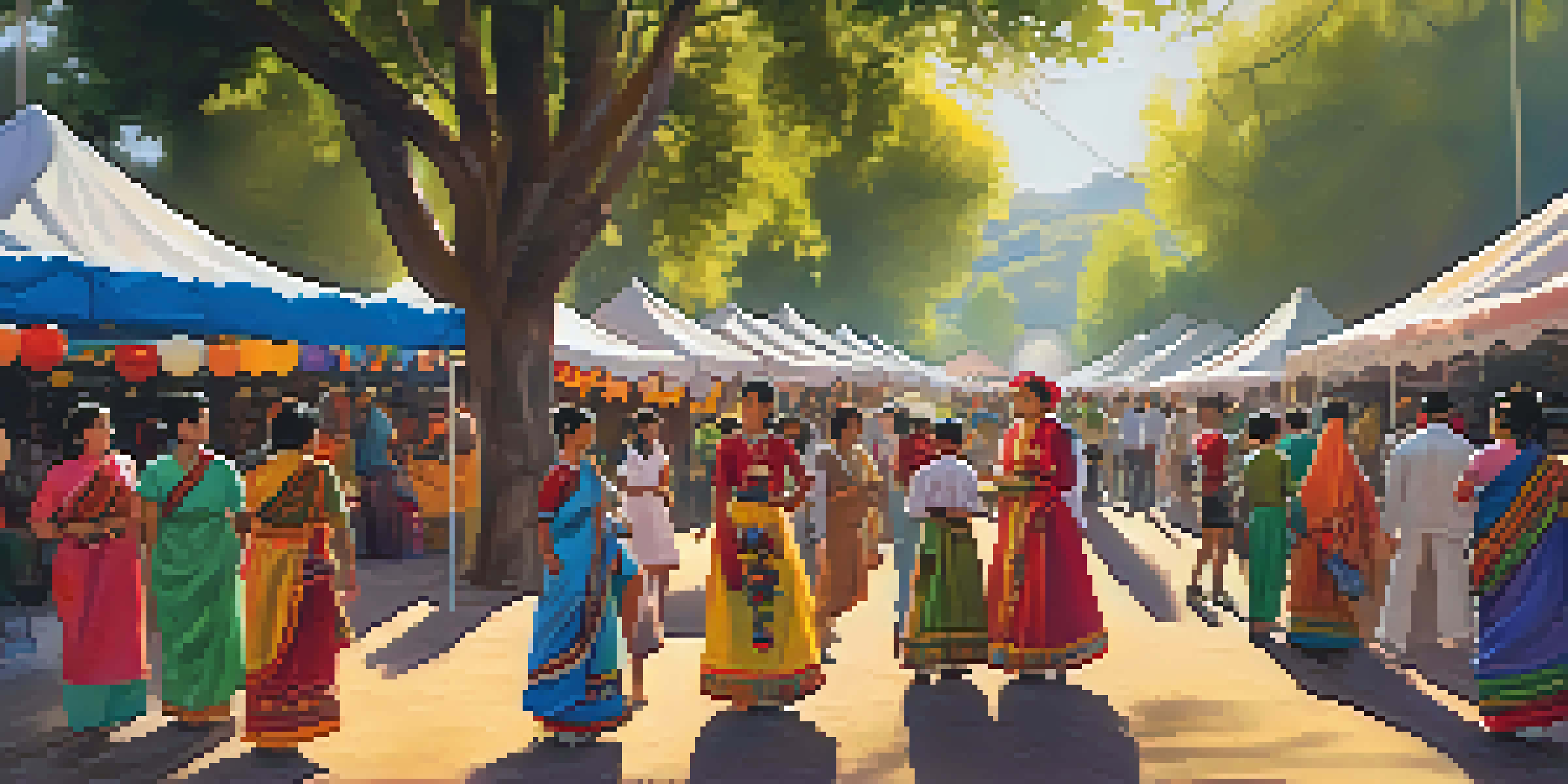 A lively cultural festival in Cupertino with diverse people in traditional clothing, colorful stalls, and food vendors. Families are enjoying music and dance activities under the sunlight.