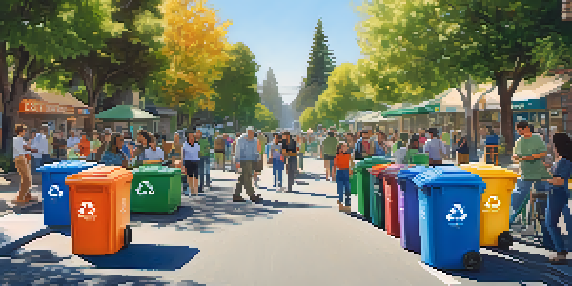 A vibrant community recycling event in Cupertino with diverse residents interacting and sorting recyclables into smart bins under a clear blue sky.