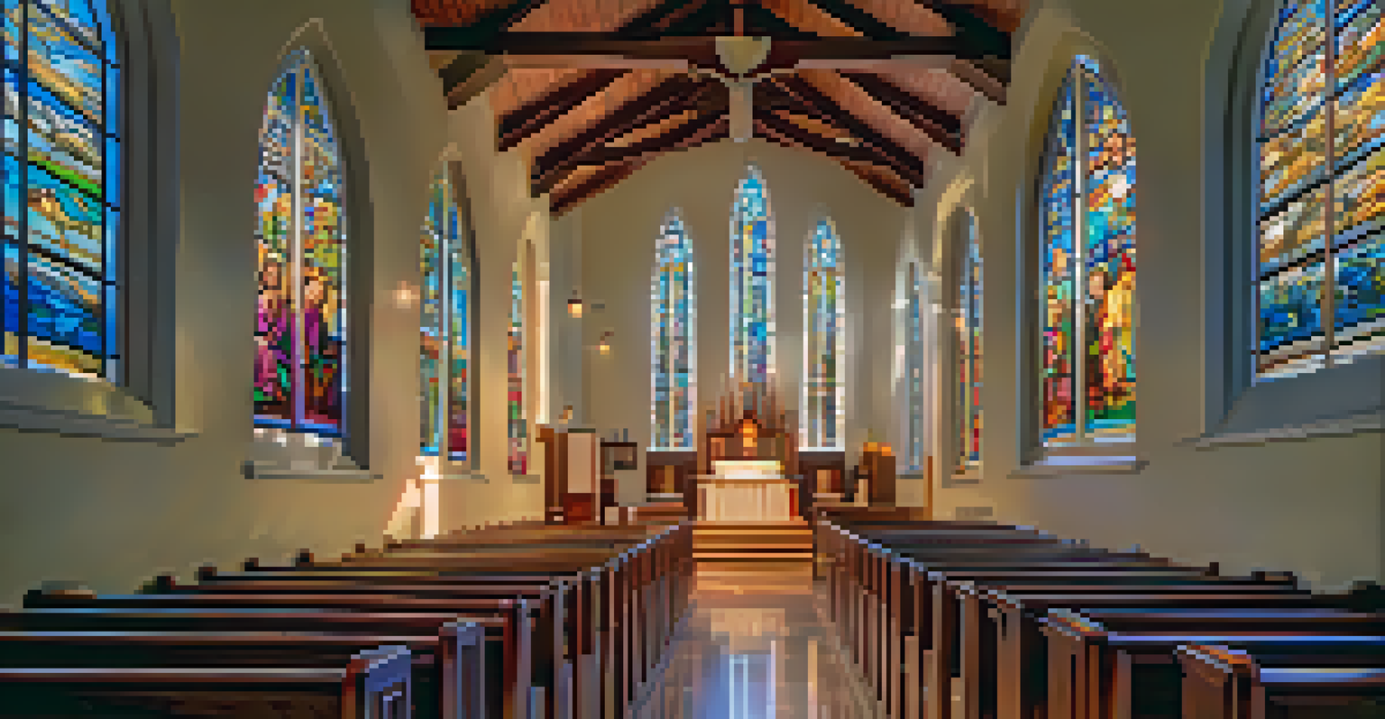 The inside of St. Joseph's Church featuring stained glass windows and warm sunlight creating colorful reflections.