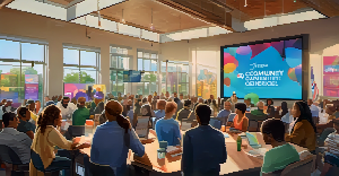 A digital town hall gathering with residents engaging in discussions, featuring large screens and colorful event banners.