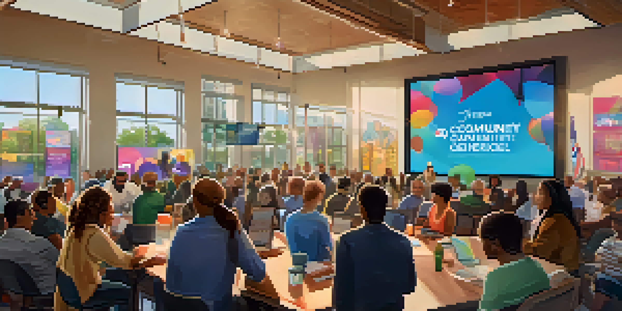 A digital town hall gathering with residents engaging in discussions, featuring large screens and colorful event banners.