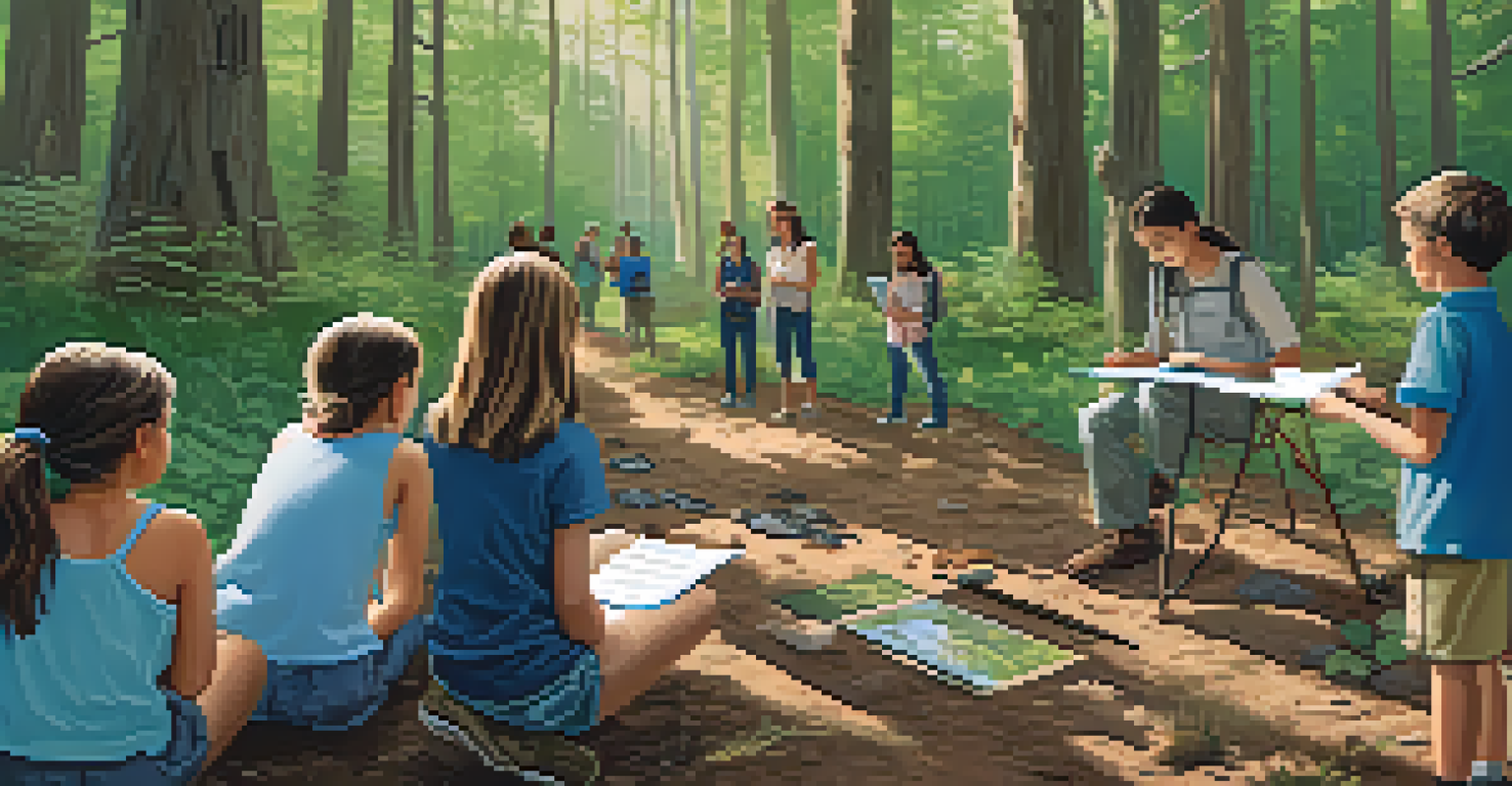 Students learning about wildlife tracking in an interactive outdoor workshop at a nature center, with a naturalist demonstrating animal tracks in a forest.