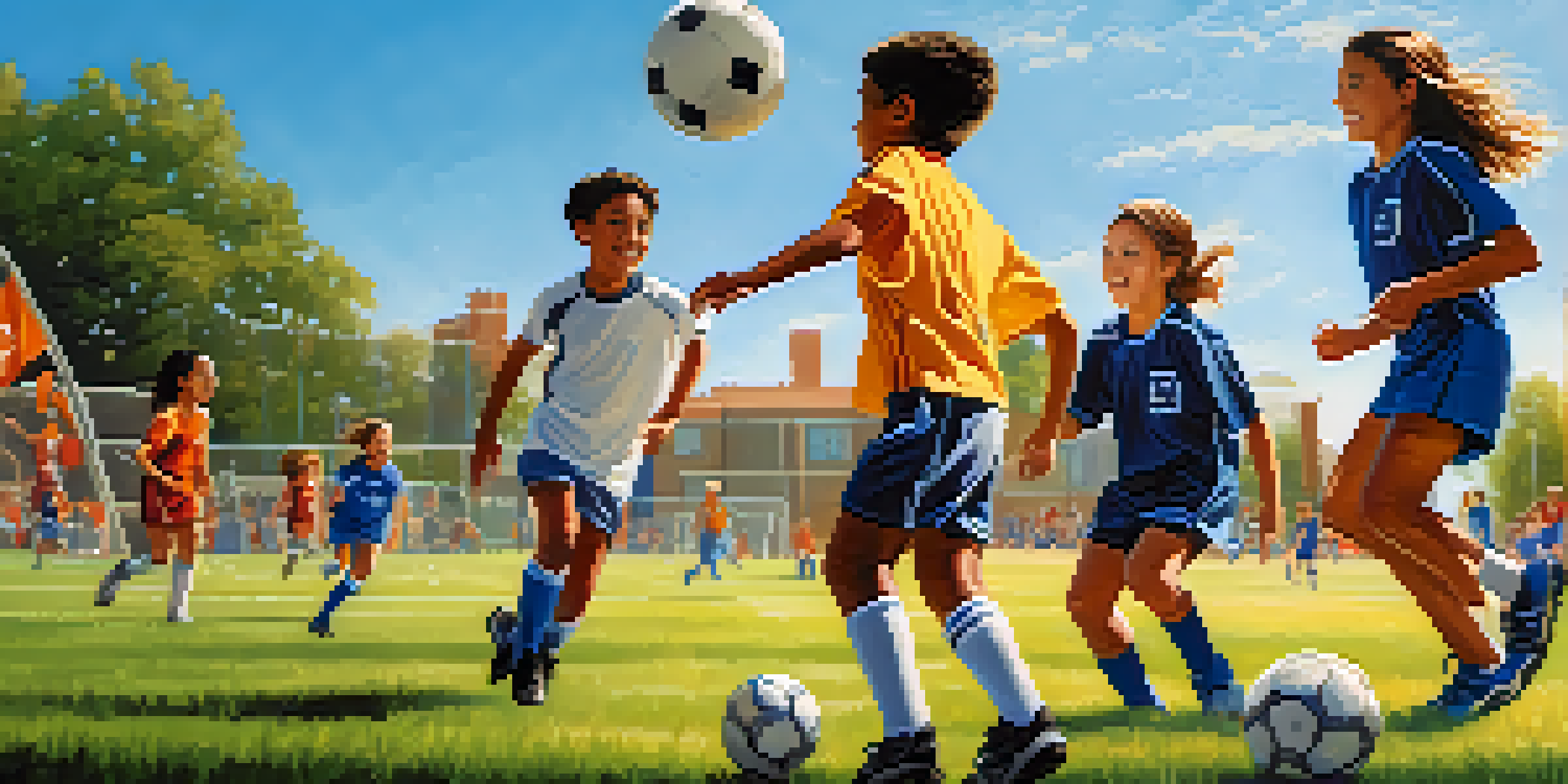 A lively soccer match with diverse young athletes playing on a sunny field, surrounded by cheering parents and colorful banners.