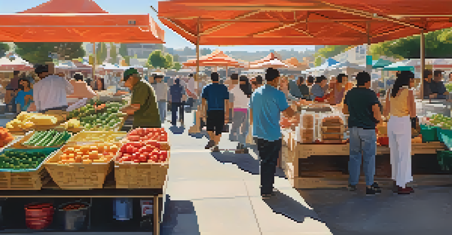A busy local market in Cupertino showcasing diverse foods from immigrant-owned businesses, with vendors and shoppers interacting in a lively atmosphere.