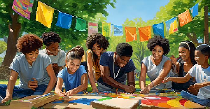 A diverse group of young people working together on a community project in a park, surrounded by nature and colorful materials.