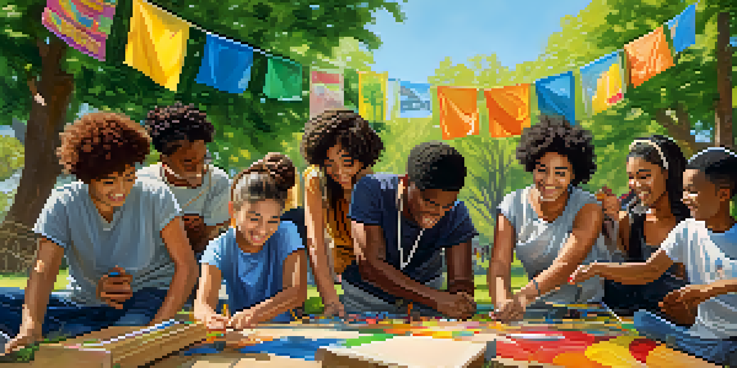 A diverse group of young people working together on a community project in a park, surrounded by nature and colorful materials.
